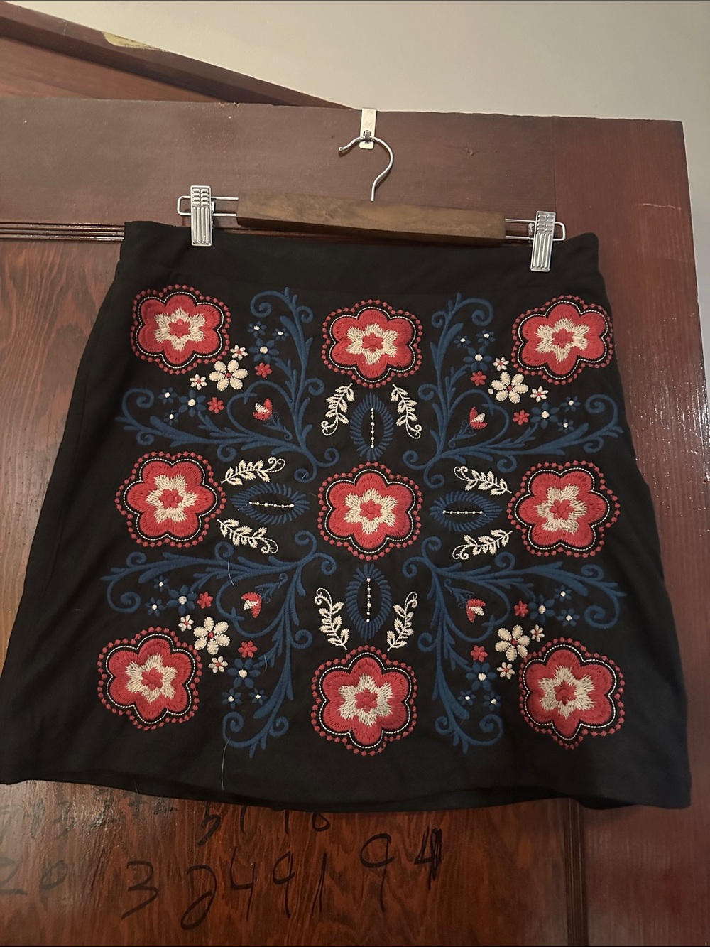 miami Black Mini Skirt with Red and Blue Floral Embroidery